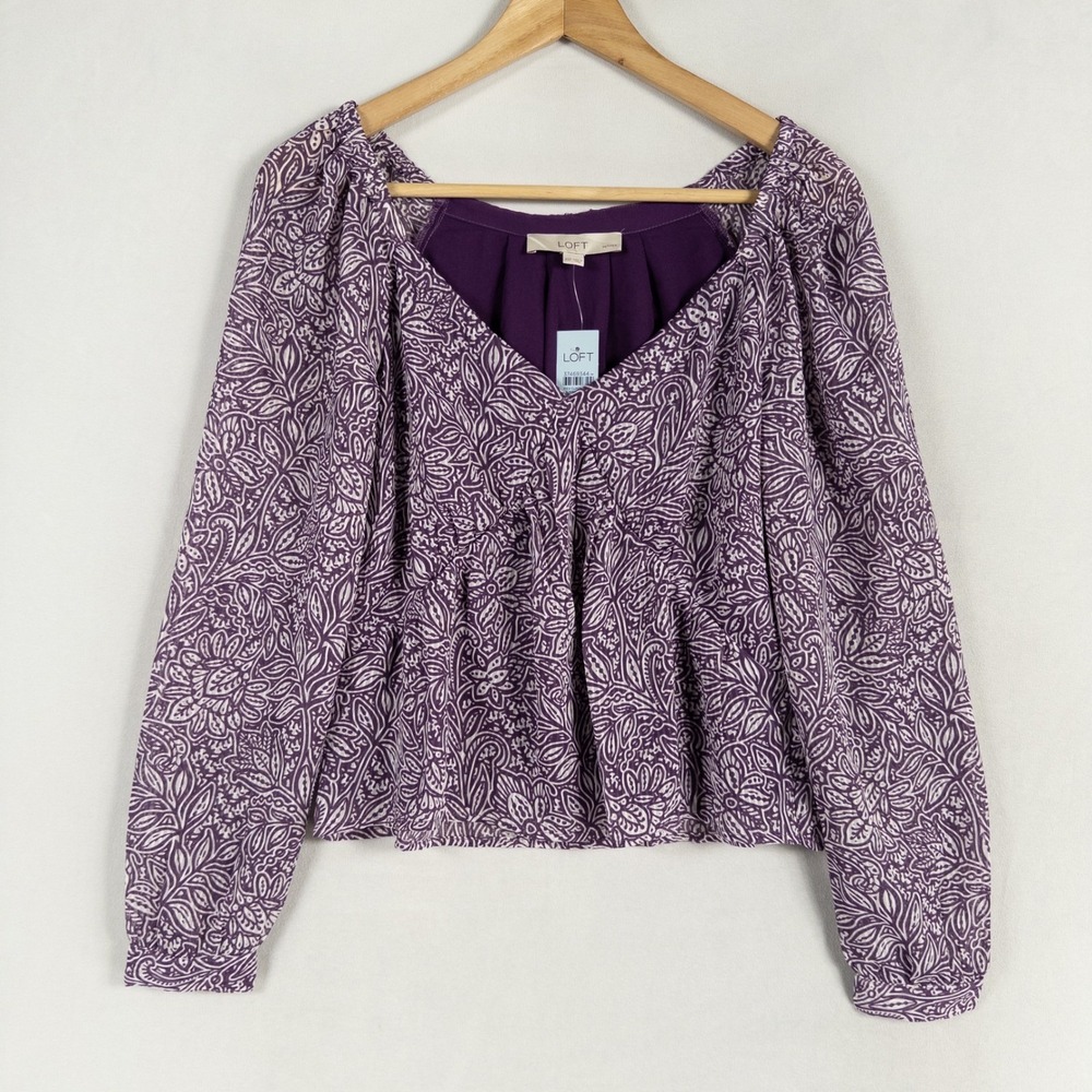 LOFT Top Blouse XS PETITE Purple White Floral Feminine Boho Chic Long Sleeve New